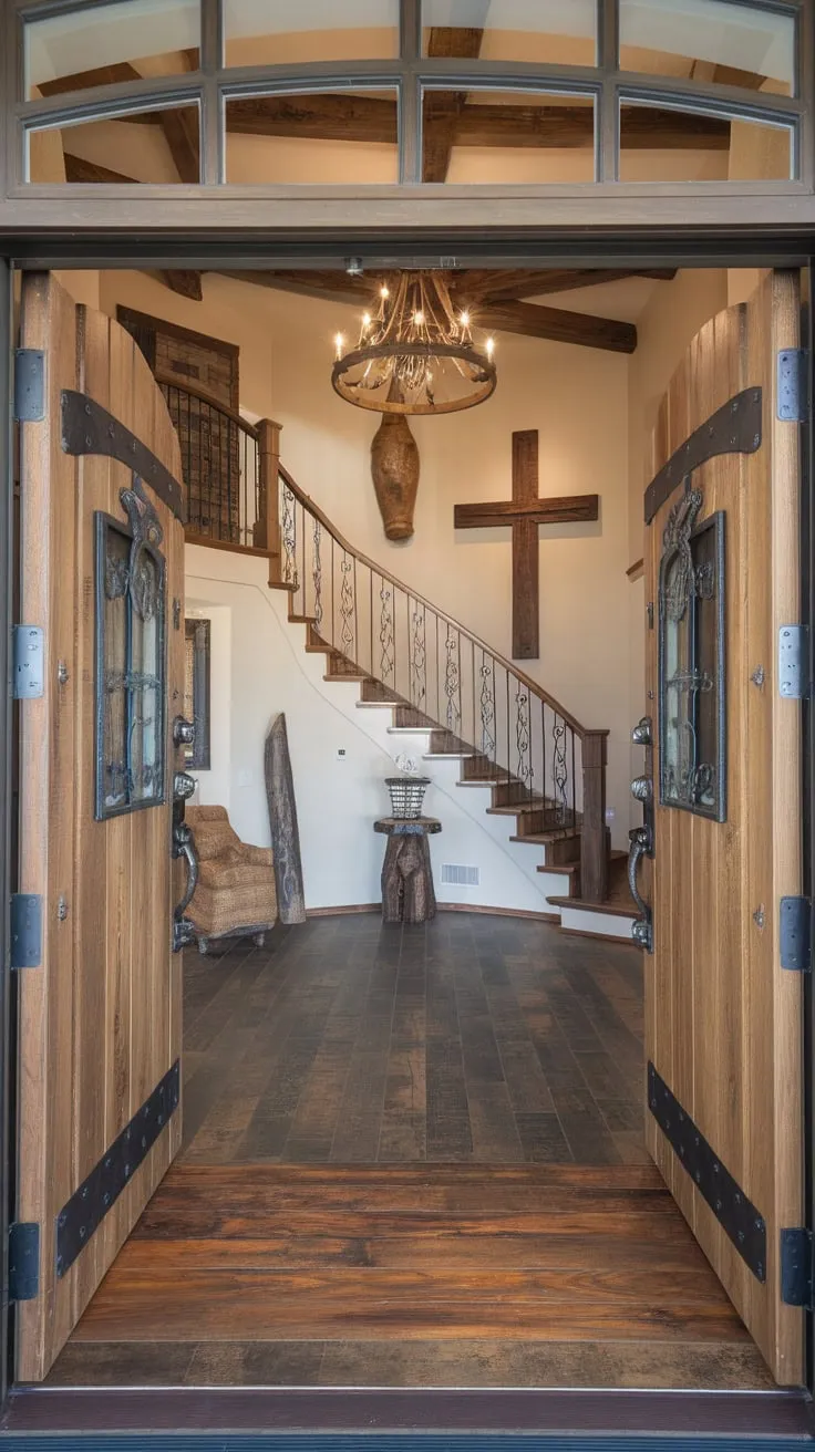 A rustic-chic foyer welcomes you with a grand wooden staircase, ornate chandelier, and massive wooden door, setting the tone for a luxurious home.
