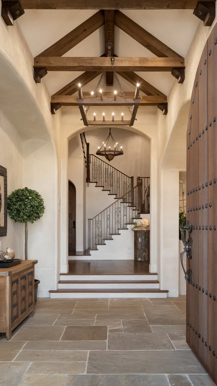 Rustic charm meets luxury in this foyer, where exposed beams, a stone floor, and a striking round wooden door create a breathtaking entrance to a stunning home.