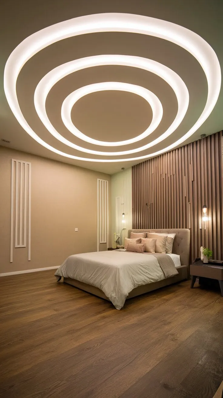 Sophisticated lighting enhances a modern bedroom's curved false ceiling design, contrasting beautifully with beige walls and wooden floors.