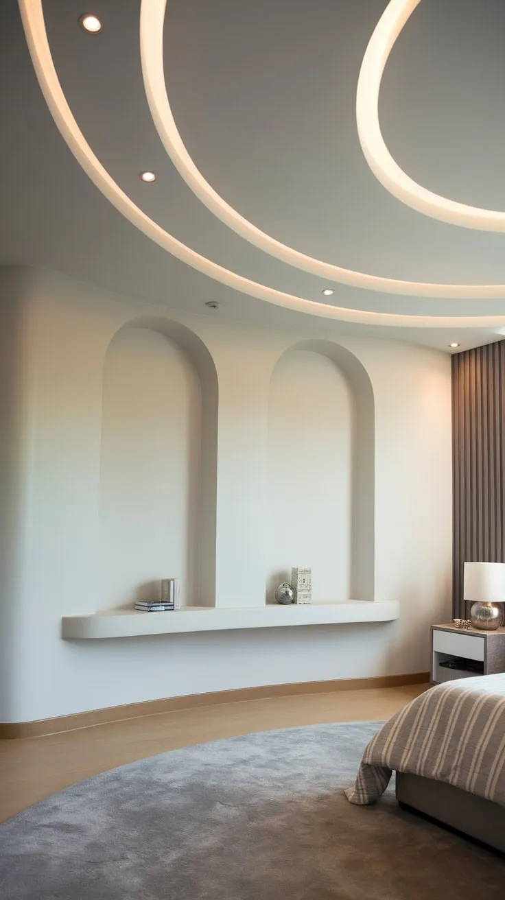 A modern bedroom's curved false ceiling, featuring circular LED recesses and white shelving, creates a sophisticated ambiance