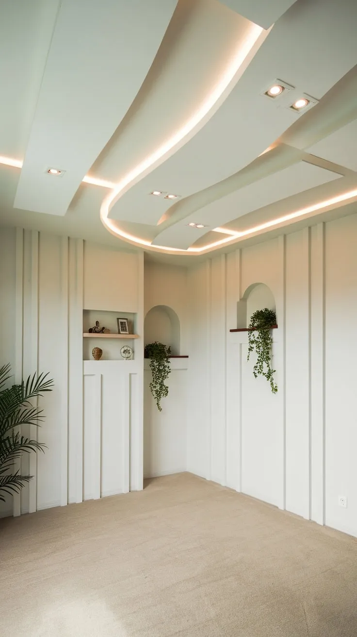A modern bedroom's curved white gypsum foyer ceiling, accented with LED lights, creates a sophisticated and calming ambiance
