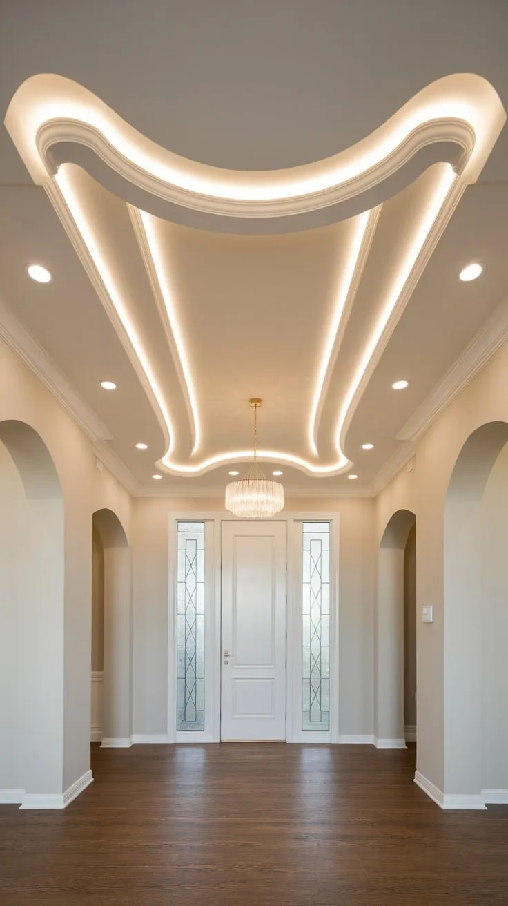 A modern foyer boasts a curved white PVC pipe false ceiling illuminated by LEDs, complementing beige walls, dark wood floors, and a dramatic chandelier.