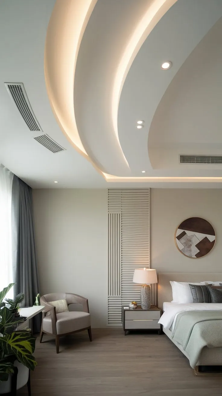 A modern bedroom's curved white false ceiling, featuring recessed lighting and air vents, complements the calming gray walls and wood floors.