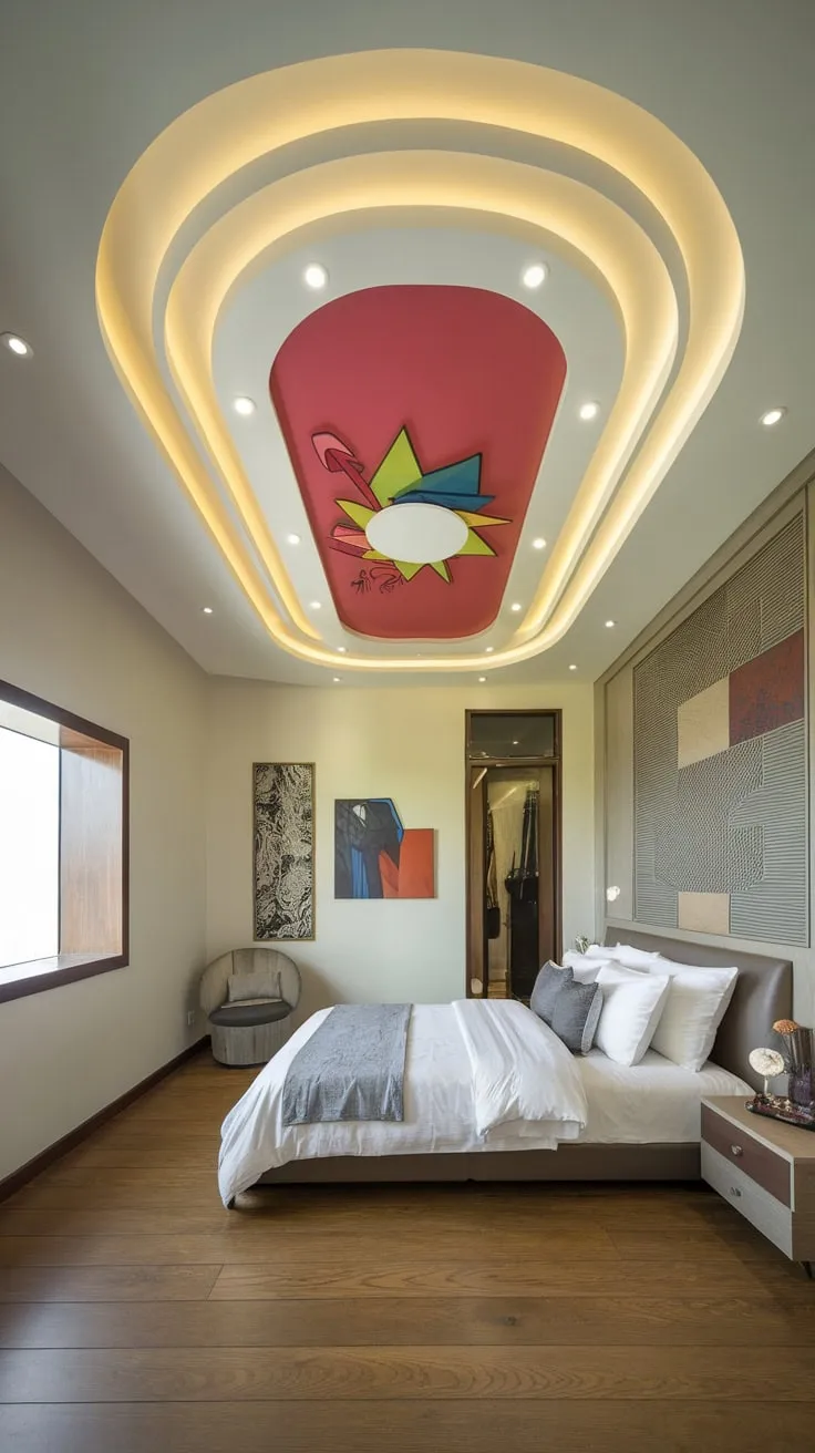 A modern bedroom's curved false ceiling with recessed lighting complements its minimalist white walls and wooden floors