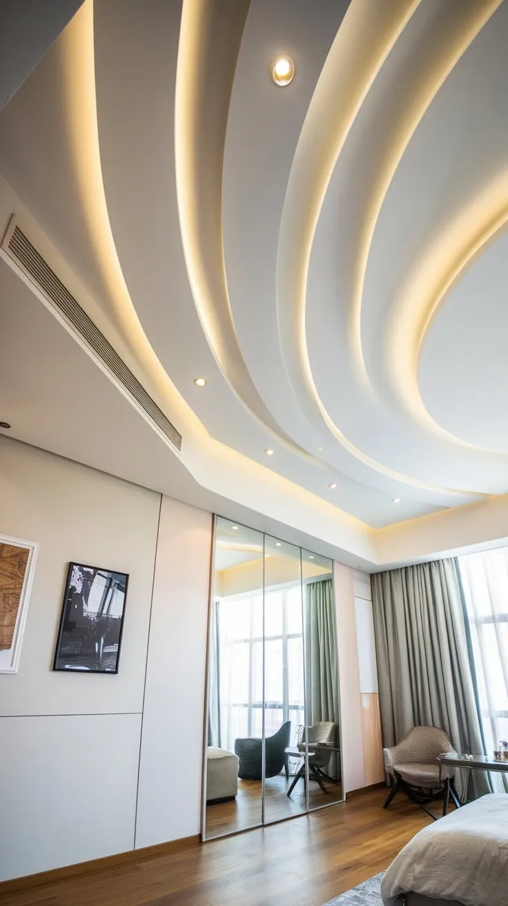 A modern bedroom's curved white gypsum foyer false ceiling with recessed lighting complements its pop-style design and wooden floors
