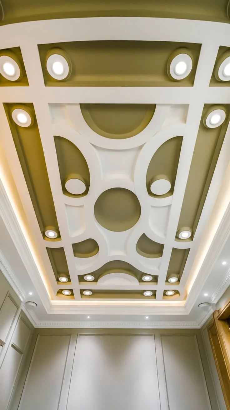A light gray foyer boasts a stylish gypsum board false ceiling featuring a pop design of circles, ovals, and squares, accented by LED lighting