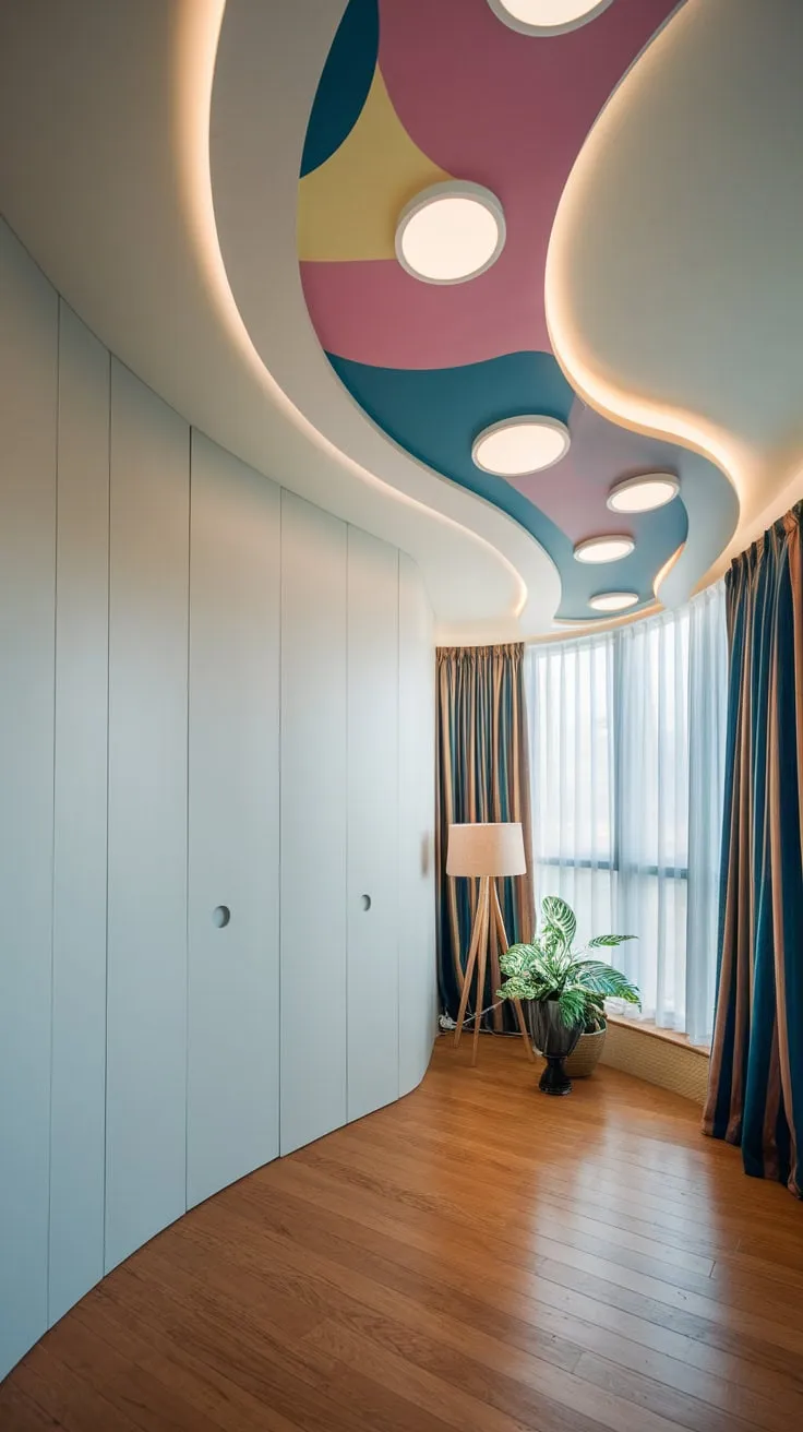 Curved lines and circular lighting define the stylish false ceiling in this modern bedroom, creating a focal point above a simple yet elegant space.