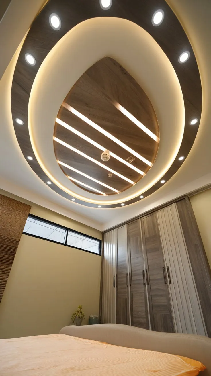 A modern bedroom boasts a curved wooden-patterned pop ceiling with LED lights enhancing its cozy ambiance