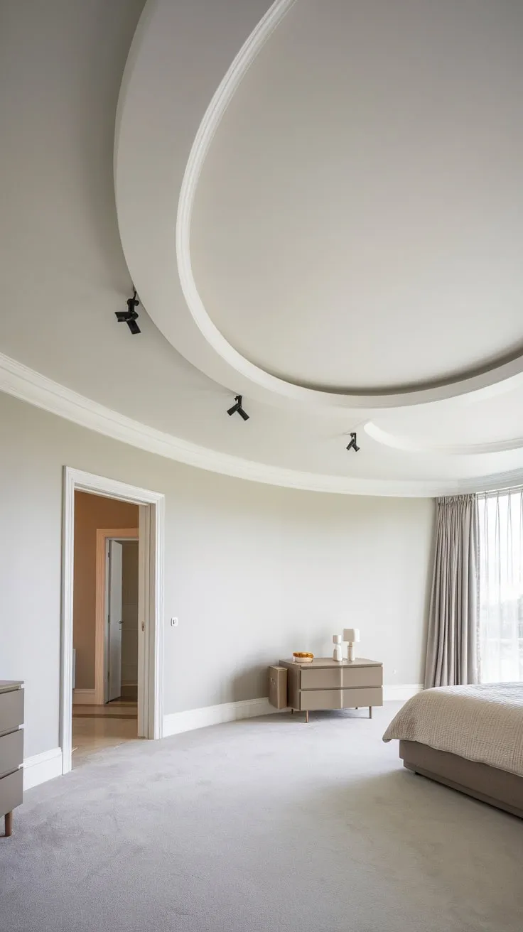 A modern bedroom's curved white gypsum foyer ceiling with recessed spotlights complements gray walls and plush carpeting