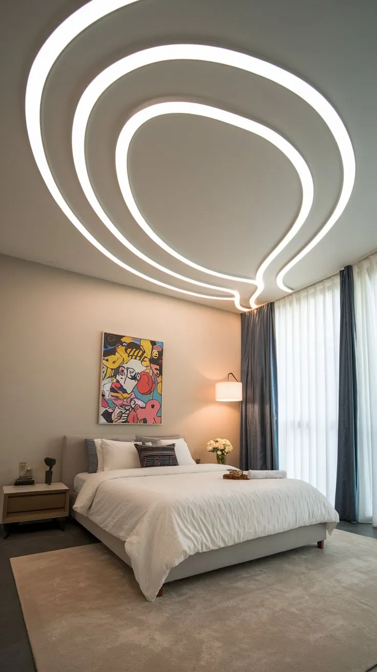 A curved false ceiling with LED lights adds a striking modern touch to a minimalist bedroom.