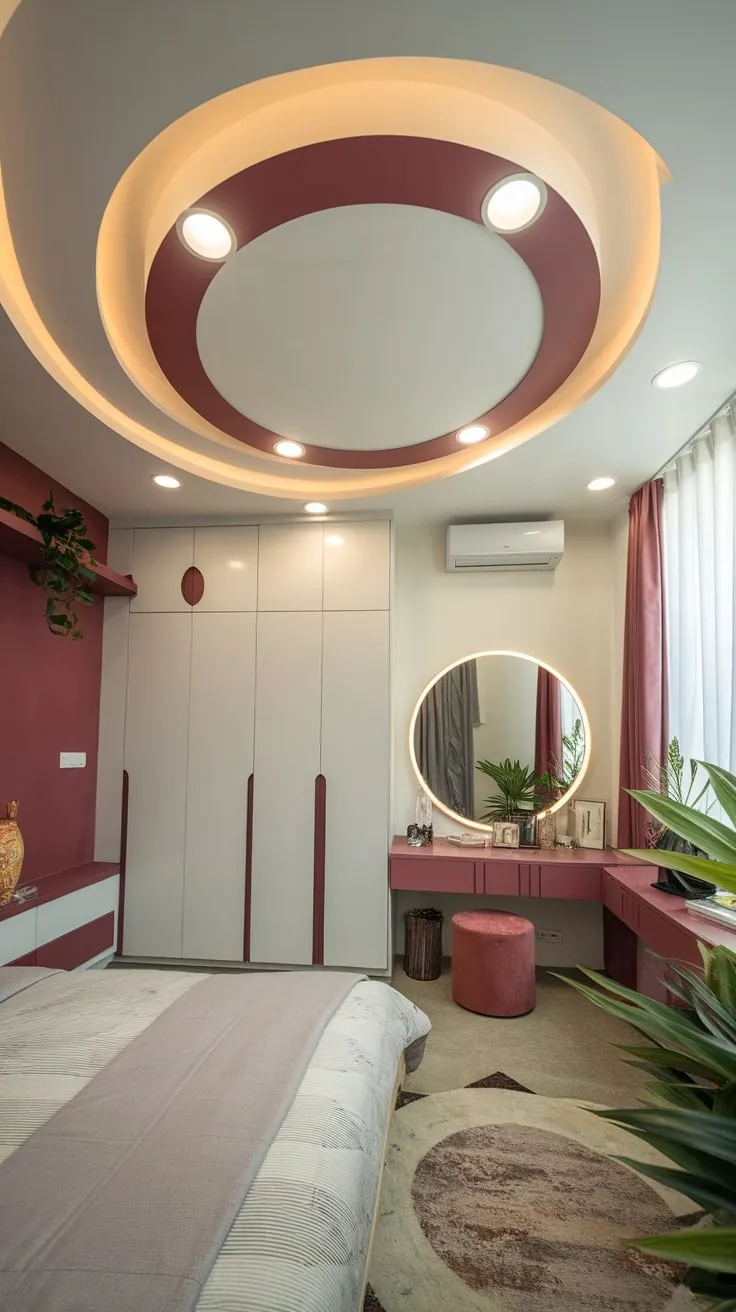 A modern bedroom's curved false ceiling with pop-design circular lights complements its minimalist white walls and cozy furnishings