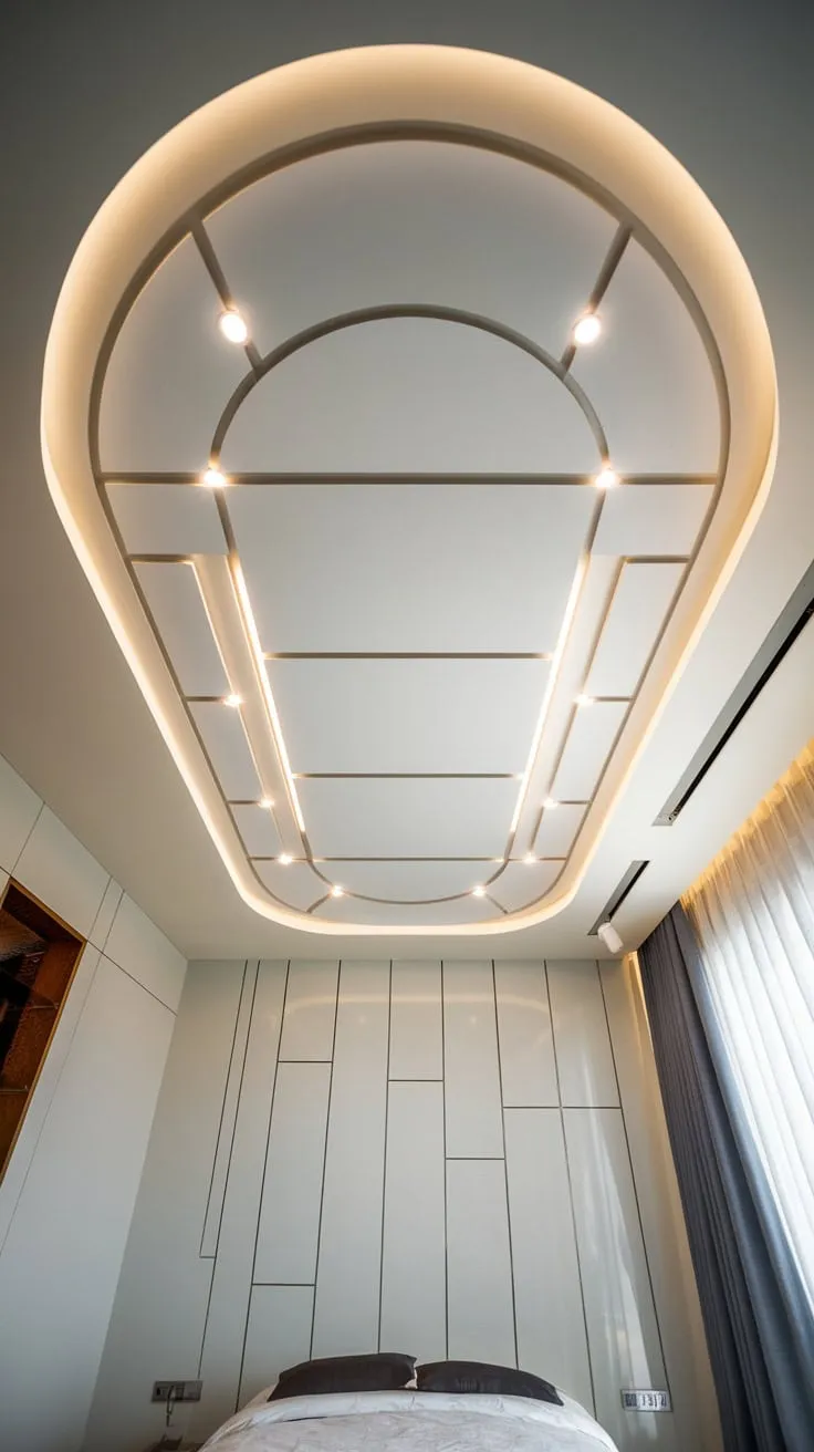 A modern bedroom's curved, white-paneled false ceiling with LED lighting creates a contemporary, recessed focal point above the bed
