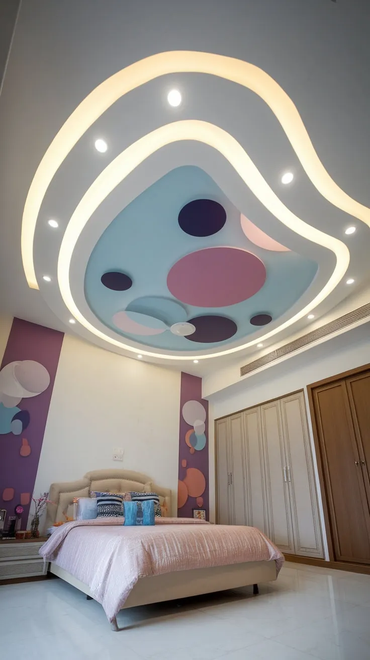 A modern bedroom's gypsum board foyer false ceiling boasts a curved design, LED lighting, and vibrant circular patterns in blue, purple, and pink.