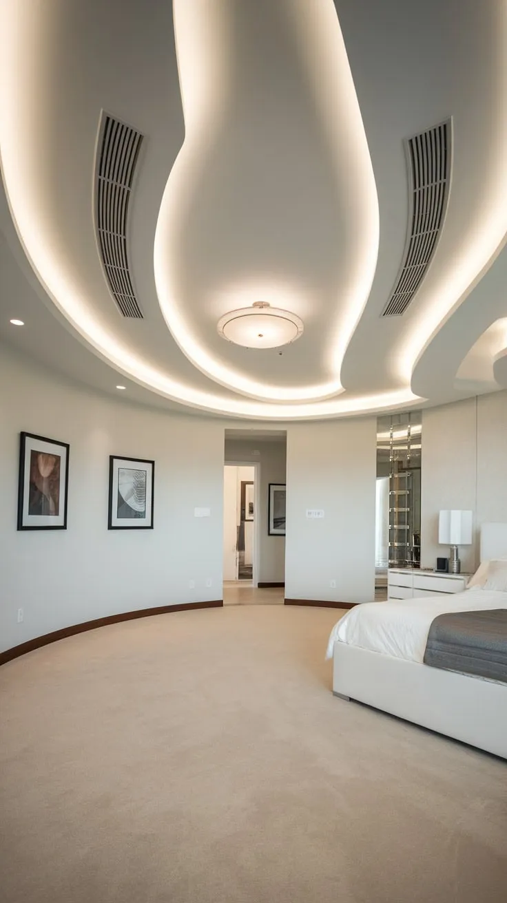 The bedroom's sophisticated curved false ceiling with integrated lighting complements its minimalist design.