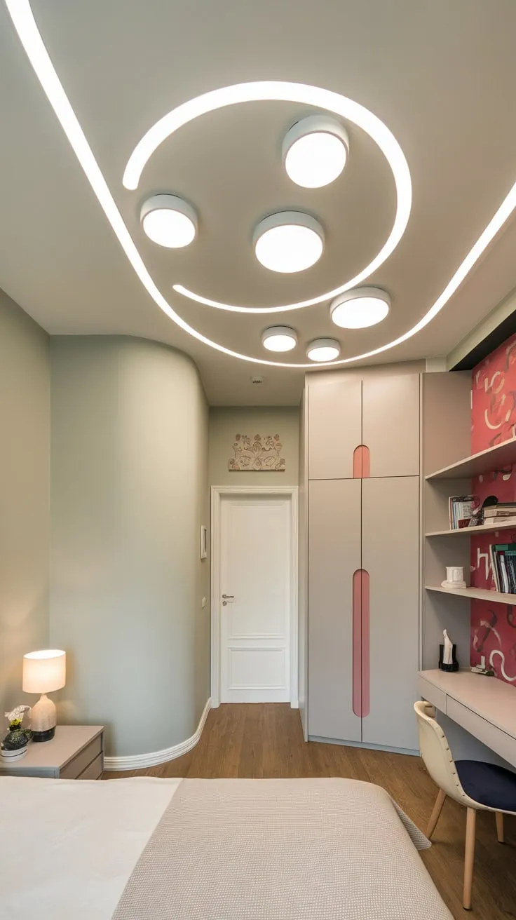 A curved false ceiling with integrated lighting enhances a modern bedroom's sophisticated grey and wood aesthetic.