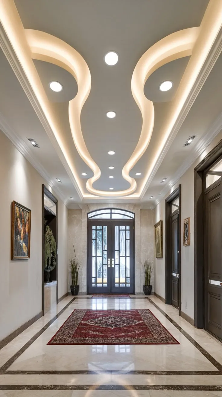 Curved lines and recessed lighting define the elegant gypsum false ceiling in this modern foyer, enhancing the marble floor and minimalist wall decor.