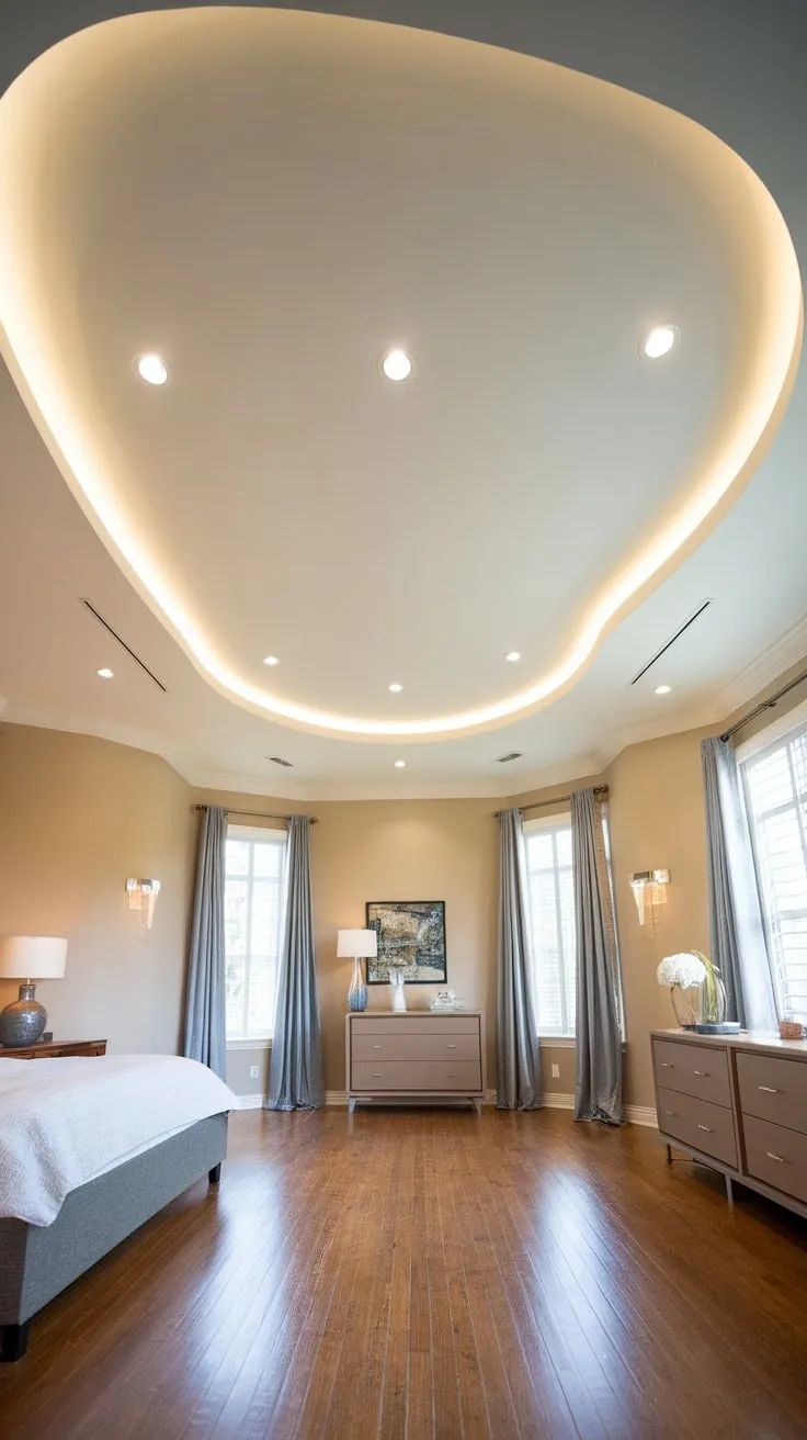 A modern bedroom's curved drywall foyer false ceiling, accented by recessed lighting, complements beige walls and hardwood floors