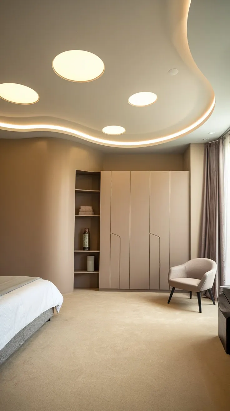 A modern bedroom's curved, pop-design false ceiling with circular lights complements its beige palette and furnishings