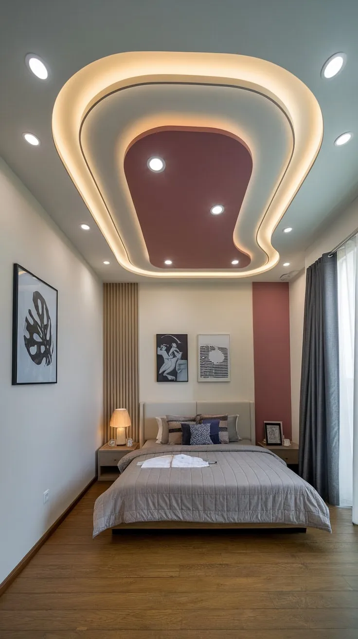 The bedroom's focal point is a stylish curved false ceiling design incorporating recessed lighting above a wood-floored space.
