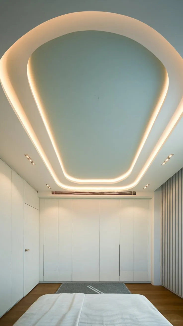 A soothing light-blue curved false ceiling with integrated LEDs enhances the modern bedroom's minimalist aesthetic.