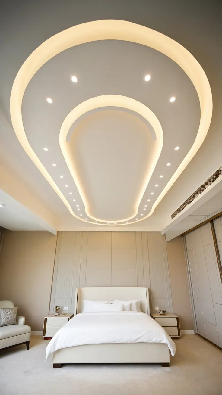 A modern bedroom's wave-like white gypsum foyer false ceiling with embedded LED lights creates a bright and airy ambiance