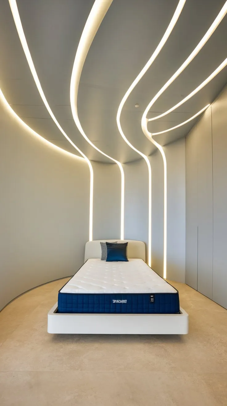 Subtle LED lighting in a curved white false ceiling transforms a modern bedroom's foyer into a calming sanctuary.