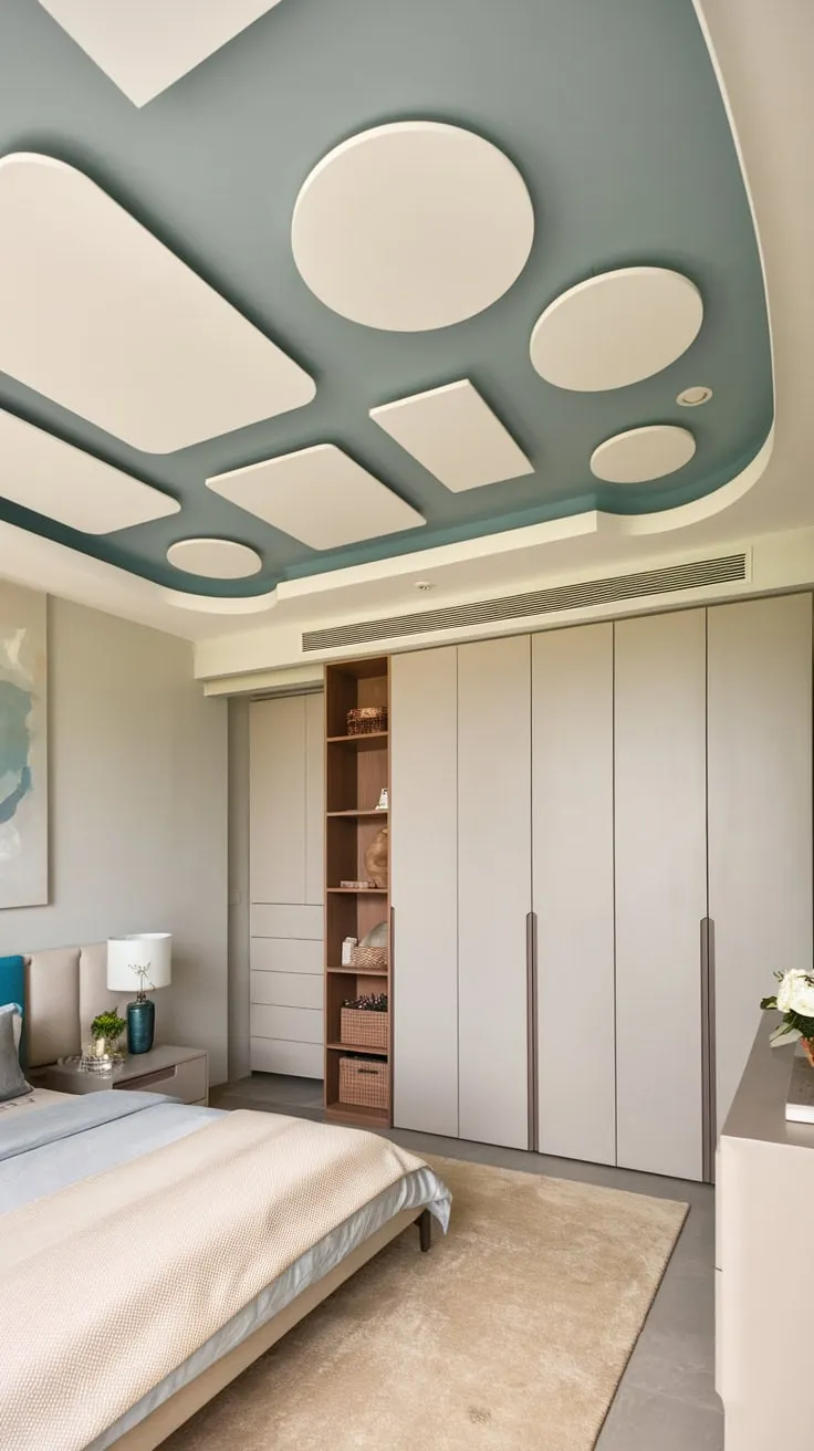 The light grey walls and beige rug complement a stylish bedroom featuring a curved false ceiling with a striking white and light grey geometric design.