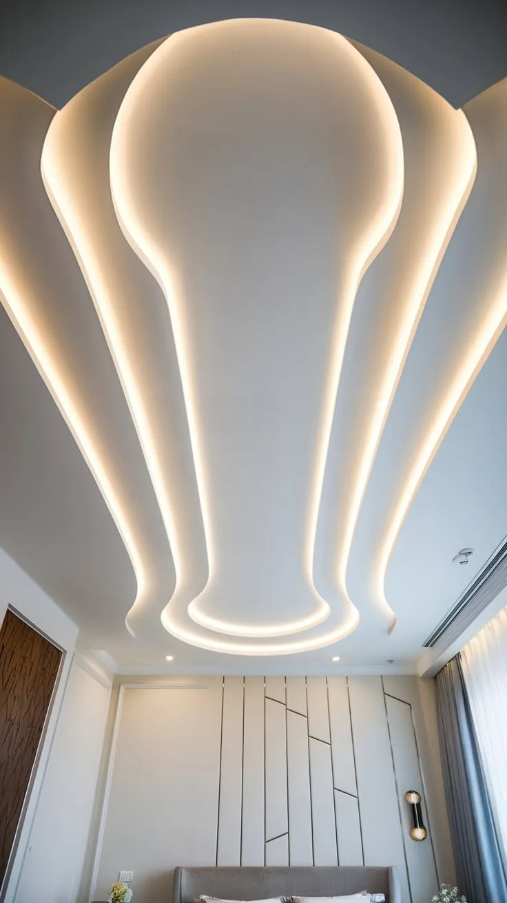 A subtly curved white gypsum foyer false ceiling with integrated LED lights creates a soft glow in the modern bedroom