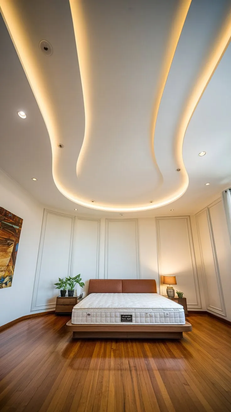 A modern bedroom's curved white gypsum foyer ceiling, accented with lighting, complements the minimalist wooden floor and serene decor