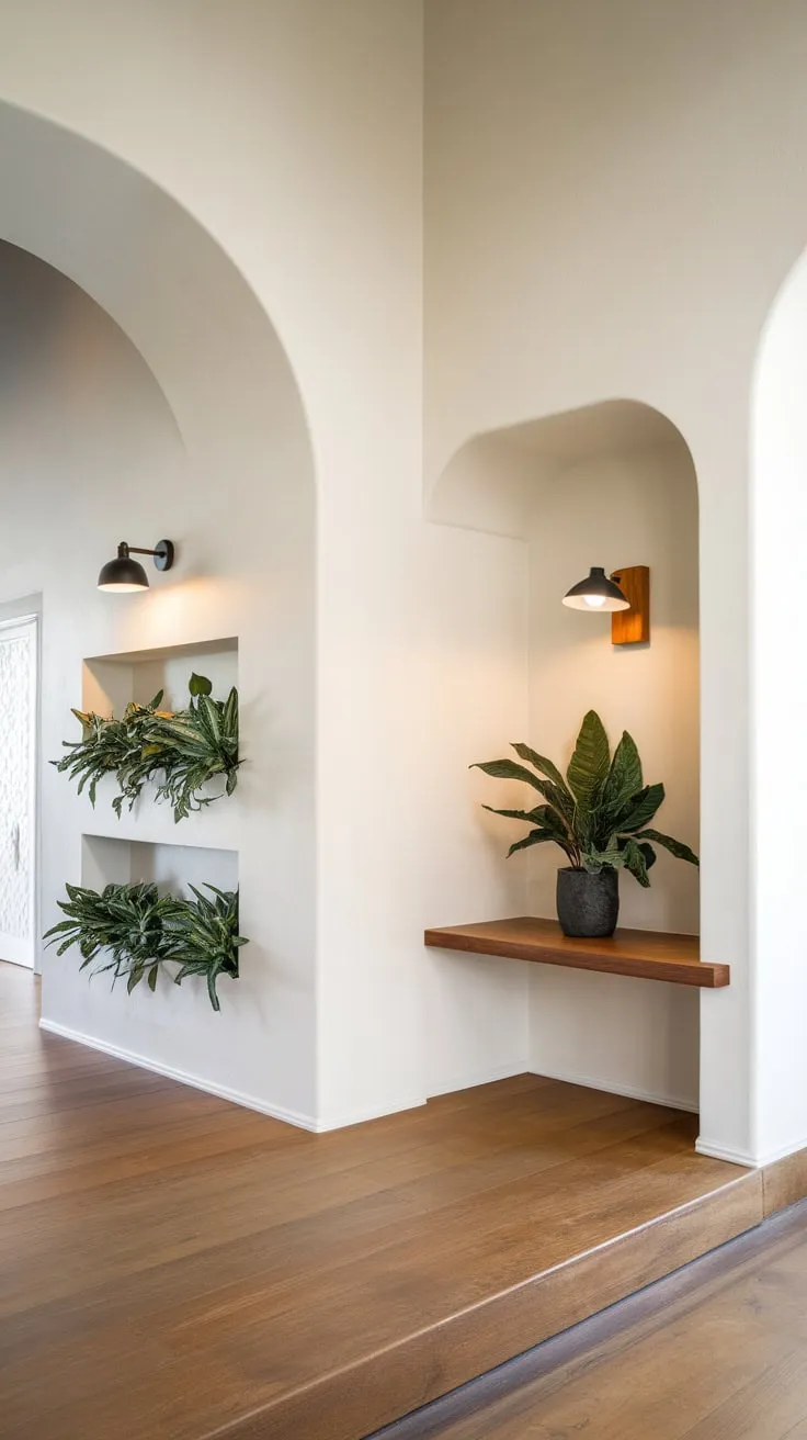 Greenery greets visitors in a stylish Japandi foyer, its arched corridor enhanced by strategically placed plants in built-in niches.