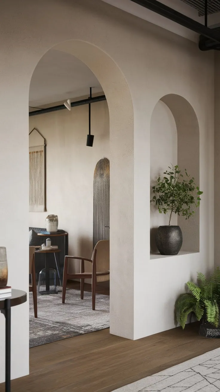 A Japandi-style foyer welcomes guests with a potted plant in an arched niche and a stylish rug and table at the entrance