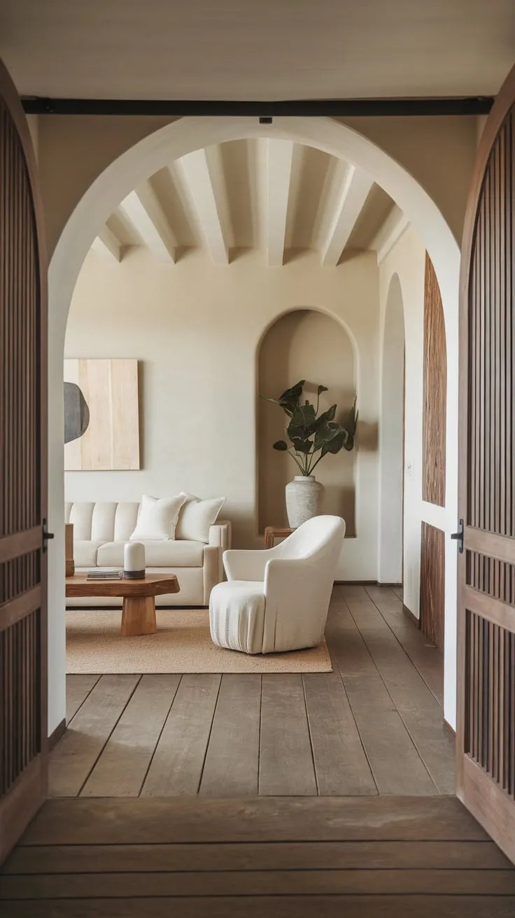 Japandi style meets minimalist elegance in a foyer featuring a welcoming potted plant by the wooden entrance.