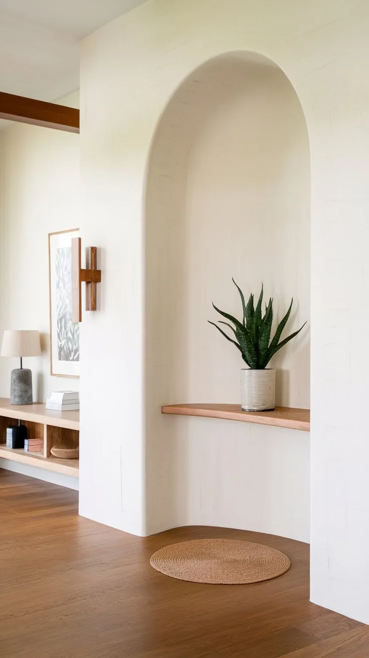 A modern Japandi foyer welcomes guests with a tall arched entryway, a niche housing a potted plant, and warm wooden accents on a hardwood floor.