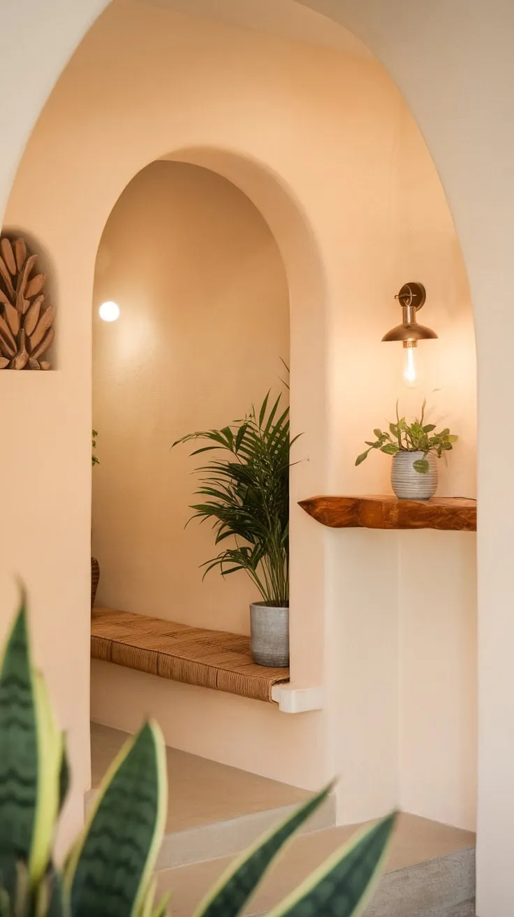 Greenery abounds in the Japandi living room's arched entrance and thoughtfully designed nooks, enhancing its warm and inviting ambiance.