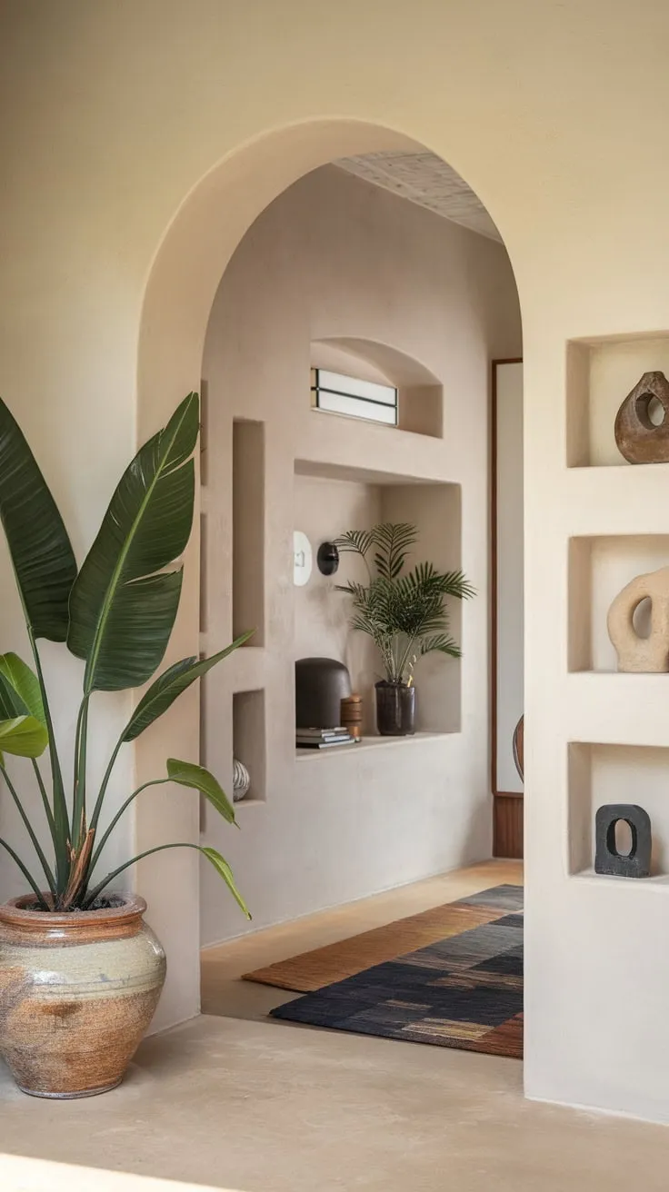 An impressive entrance featuring a large foyer plant in a ceramic pot welcomes guests into a Japandi-inspired home with a stylish arched hallway and minimalist design elements.