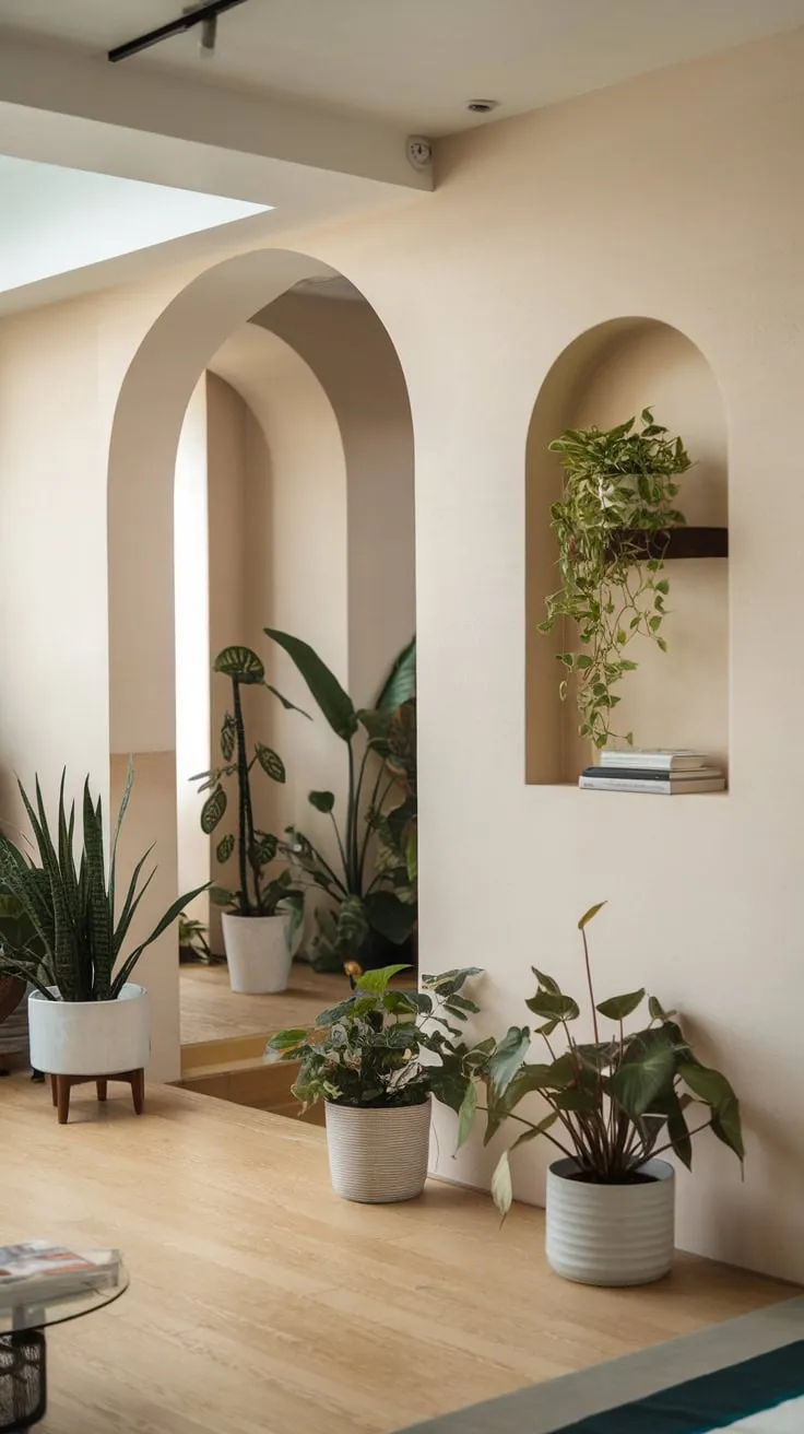 A Japandi foyer welcomes you with lush plants, modern arches, and a light wood floor creating a serene entrance to the living room.