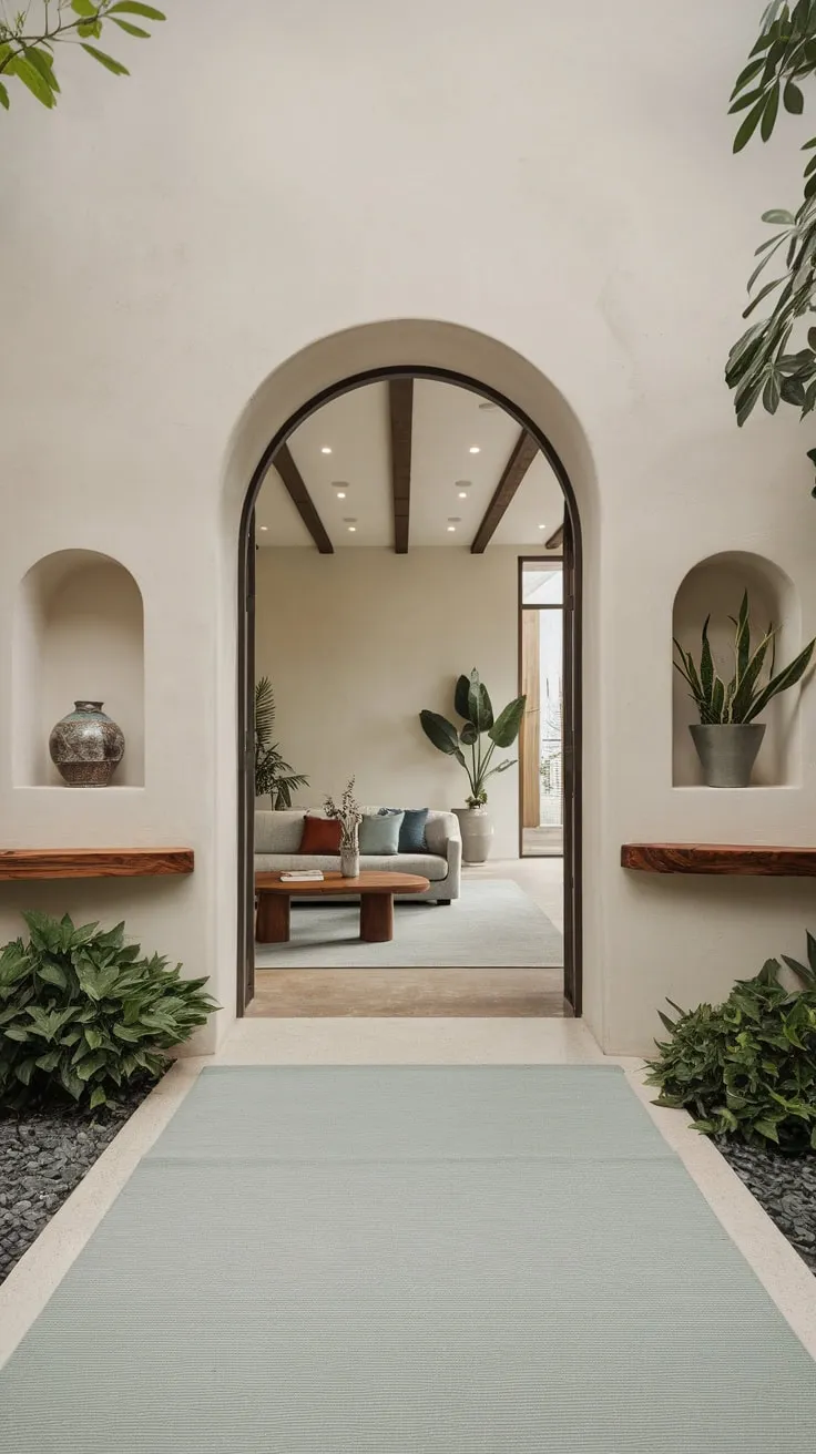 A Japandi-style foyer boasts a grand arched entrance dramatically framed by strategically placed plants in built-in niches.