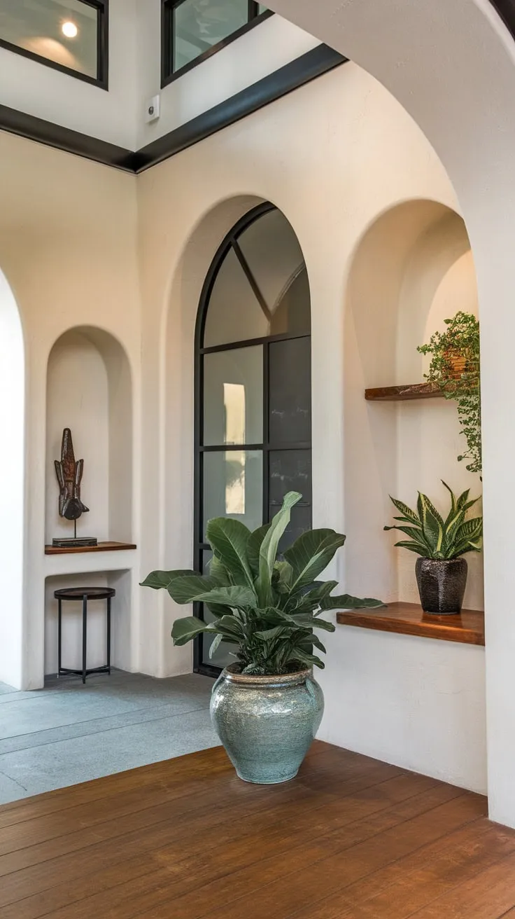 Modern arches and abundant greenery create a serene Japandi entrance, highlighted by a large foyer plant in a ceramic pot.