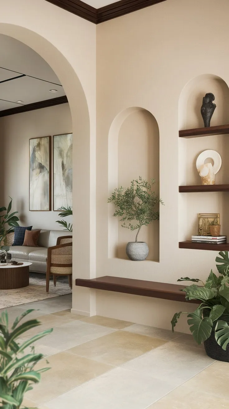 Tranquil plants in the foyer and a stylish arched entryway create a calming Japandi living room ambiance.