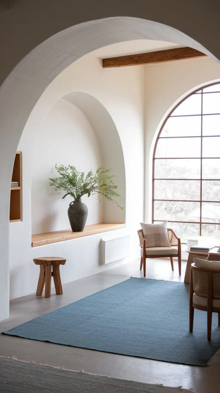 A Japandi living room's arched entrance is dramatically framed by a foyer plant adding a touch of nature to the modern design