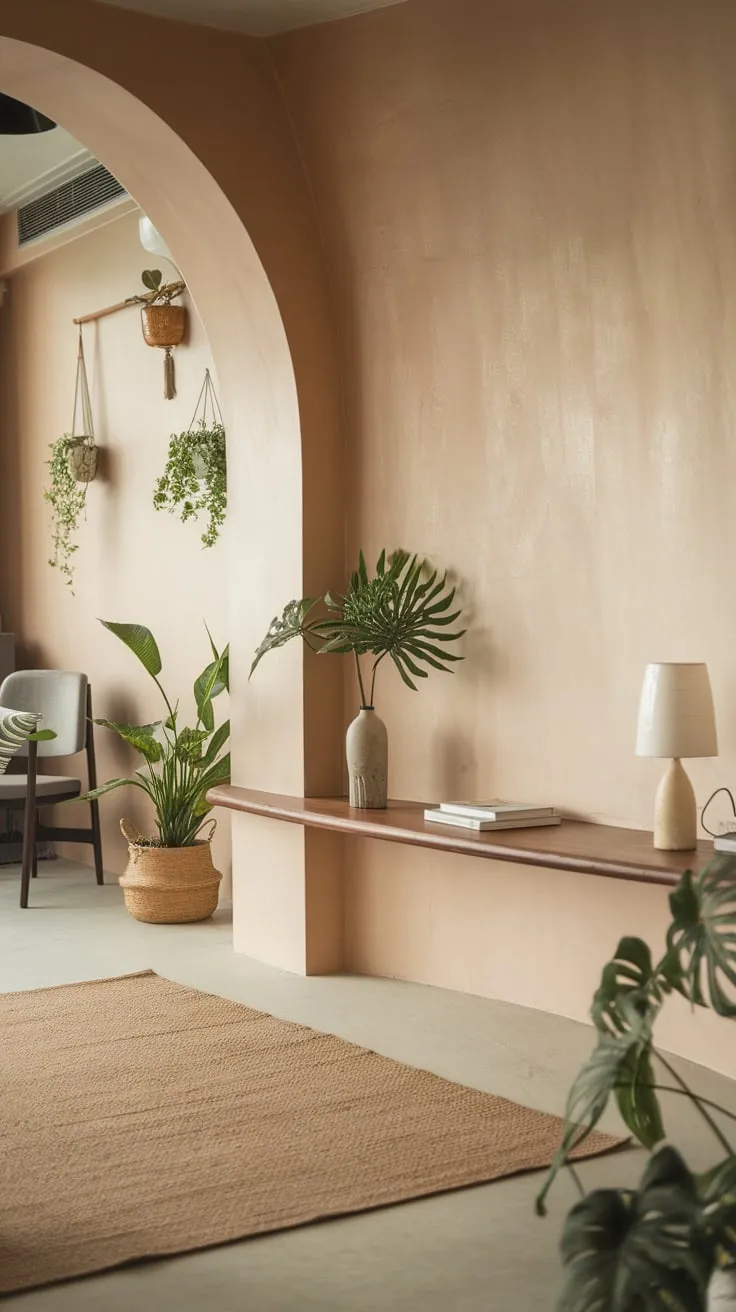 A Japandi foyer's curved wall showcases potted plants and hanging greenery, creating a welcoming entrance.