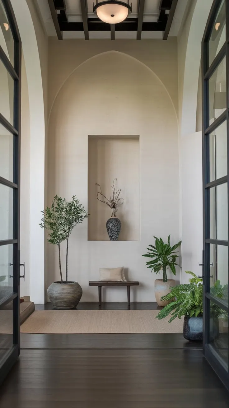 Serene Japandi-style foyer featuring potted plants welcomes guests with a minimalist arched entrance and dark wood floors