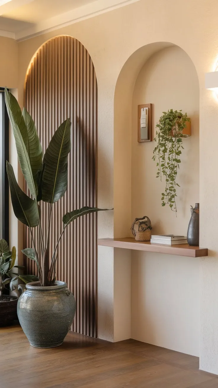 A Japandi-inspired entrance boasts a statement plant in a ceramic pot, enhancing the inviting atmosphere of the arched foyer.