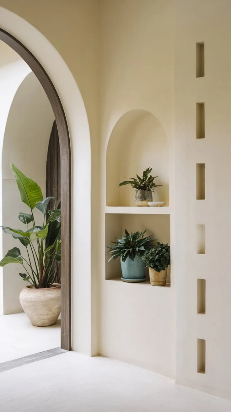 Potted plants welcome guests in a bright Japandi-style foyer featuring a modern arched corridor and built-in shelving