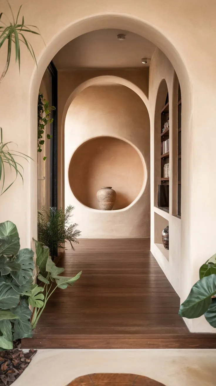A Japandi-style foyer welcomes you with lush entrance plants leading to a modern arched corridor and a serene niche.