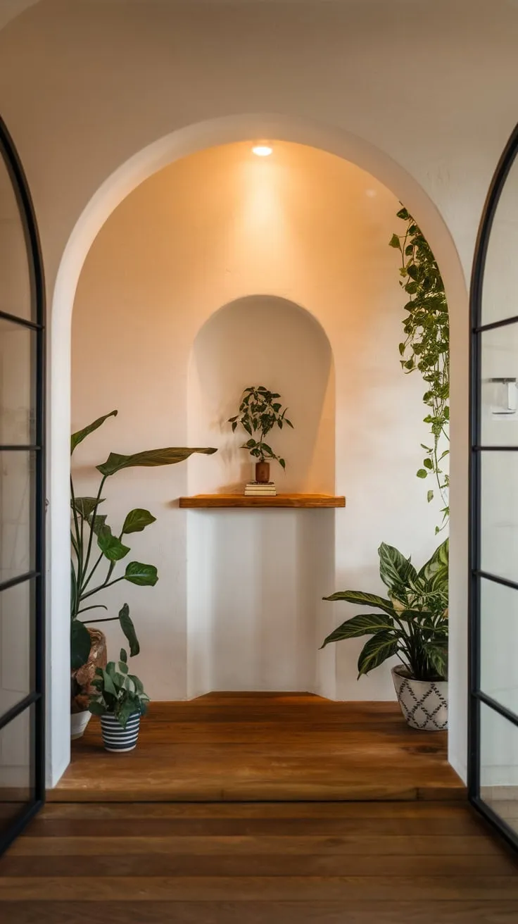 Warm lighting illuminates a Japandi foyer's wooden floor, arched entrance, and thriving plants nestled in a niche