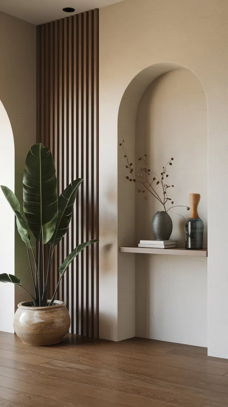 A calming Japandi foyer features a statement plant near the arched entrance, enhancing the modern wood-floored space.