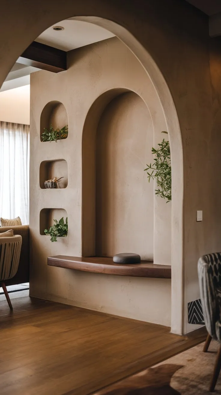 A Japandi living room's arched entranceway features a calming niche with plants welcoming guests into a serene wooden-floored space