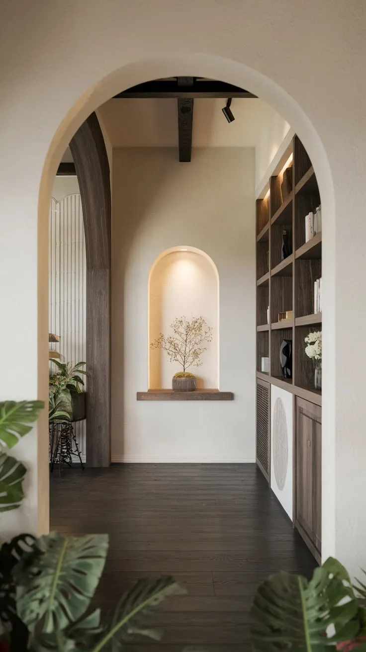 Lush foyer plants greet guests entering a modern arched entrance to a Japandi-style living room.