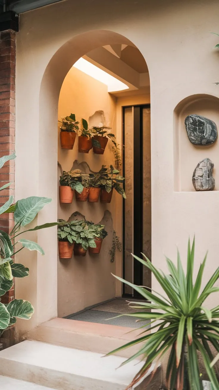 A warm Japandi foyer welcomes guests with a modern arched entrance, plant-filled niches, and a calming atmosphere